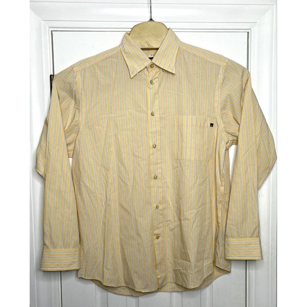 Zegna Sport Mens Long Sleeve Button Front Yellow‎ Blue Stripes Large